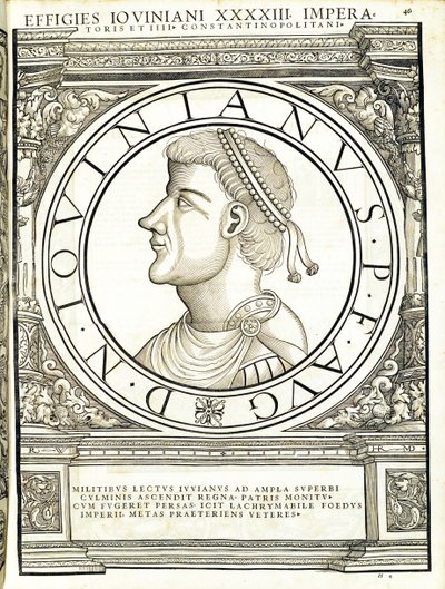 Iouinianus, Illustration aus Imperatorum romanorum omnium orientalium et occidentalium verissimae imagines ex antiquis numismatis von Hans Rudolf Manuel Deutsch